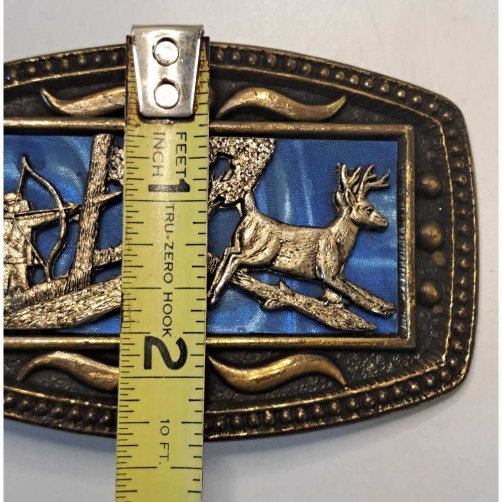 Vintage Brass Belt Buckle Deer Bow Hunting Blue Holographic Marked CII New York - Picture 5 of 5